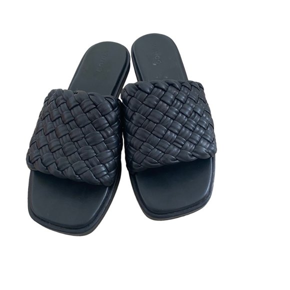 Vince Black Leather Rumi slides slippers sandals flat Woven 37.5 7.5